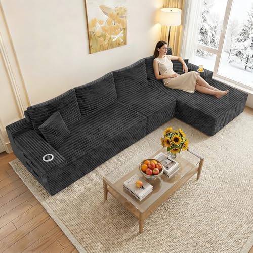 Image of 138 inch Cloud Sectional Couch with L Shape Chaise, Extra Large Frameless Corduroy Sofa, Higher 17.7 inch Seat Height, 32D Pure Foam, Modular Seating for Living Room,No Assembly(Dark Gray,Right Facing Chaise)