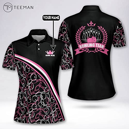 Teeman Personalized 3D Bowling Queen Pin Pattern Jerseys Shirts For Women, Custom Quick-Dry Bowling Shirts Short Sleeve Polo For Women, Pink Bowling Team Shirts For Women #TOP5