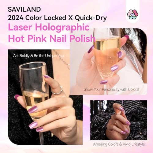 Image of SAVILAND Holographic Nail Polish Pink: Metallic Chrome Nail Polish Air Dry Fast,10 ml /0.34 oz High Glossy Shimmer Glitter Nail Pigment Oil-based Fingernail Polish for Salon DIY Home for Women