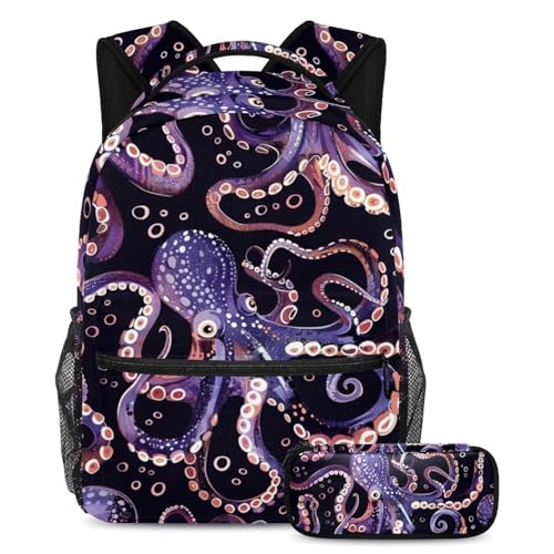 Sac à dos pieuvre violette avec trousse d'école assortie pour élève