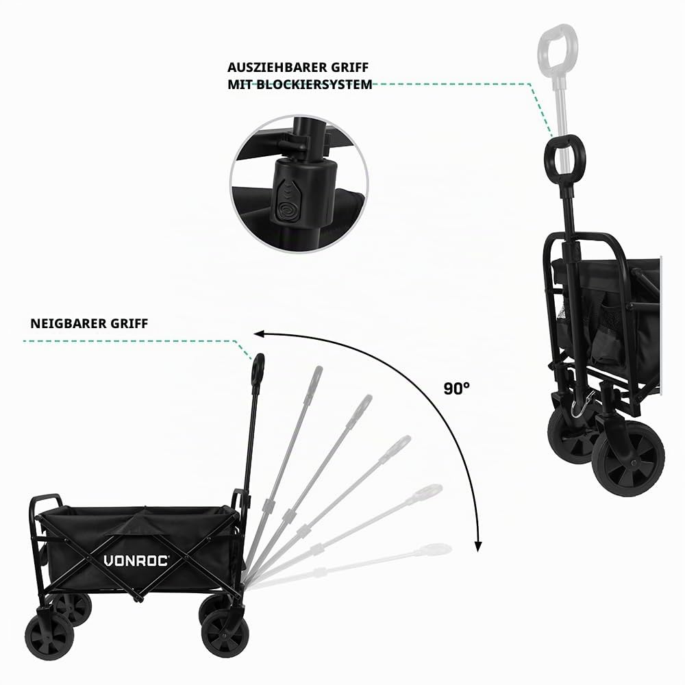 VONROC Faltbarer Bollerwagen für Garten und Strand – kompakt, 60 kg Tragkraft, 50 l Fassungsvermögen – pannensichere Räder, Stahlrahmen, zusammenklappbar mit Tasche, schwarz