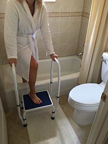 Adjustastep(Tm) Doublesafe Deluxe Step Stool/Footstool With Dual Handle/Handrail, Height Adjustable. Modern White/Blue Design. Padded Non-Slip Hand Grips #TOP2