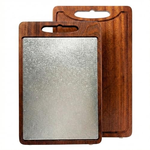 Tabla de Cortar de Titanio con Madera Sólida de Sapele, 45,7 cm x 30,5 cm x 2,5 cm, para Picar y Servir, con Ranura para Jugos, Asas Antideslizantes y Pies No Deslizables