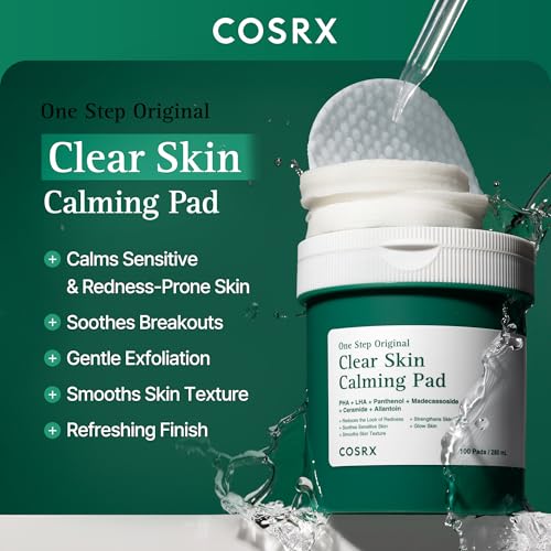 Image of COSRX OneStep Original Clear Skin Calming Pad, 100 Pads, Dual-Sided Facial Pad for Soothing, Barrier Strengthening & Gentle Exfoliation with 82% Green Tea Water, Cica, PHA, LHA, Korean Skin Care