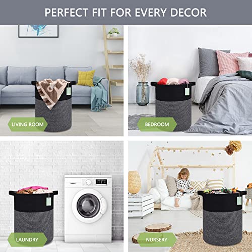 Image of Cotton Rope Blanket Basket, 72L Tall Laundry Hamper, Black & Gray | 16 inchx 22 inch, Large Collapsible Woven Nursery Hamper with Sturdy Handles for Clothes Toys Towels, Bedroom Living Room Bathroom
