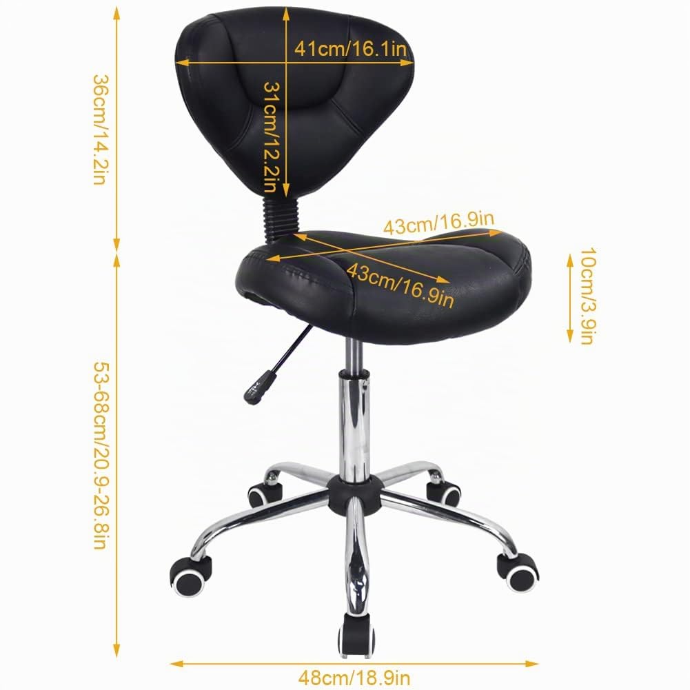 WKWKER Tabouret Roulant Ergonomique avec Coussin épais en Cuir PU Tabouret Pivotant à Hauteur Réglable pour Le Travail Spa Salon De Tatouage avec Dossier (Noir)