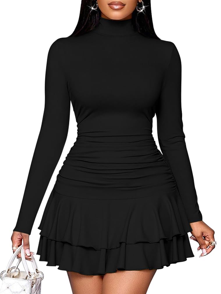 LAGSHIAN Womens High Neck Ruffle Hem Mini Dress Long Sleeve Ruched Short Club Party Dresses