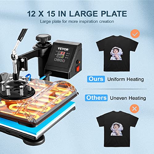 Vevor Heat Press Machine, Heat Press 12X15 Inch, 5 In 1 Combo Digital Sublimation Heat Press, Uniform Heat, Heat/Time Control, Heat Press Transfer For T Shirts Mug Cap Plate, Etl/Fcc Listed, Black #TOP1