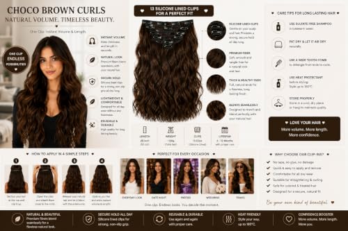 Image of Salon-Grade CHOCOLATE BROWN Curly /Wavy Clip-in Extensions - 6PCS Synthetic Hair Volumizer with 13 Secure Clips for Instant Volume & Realistic Blend