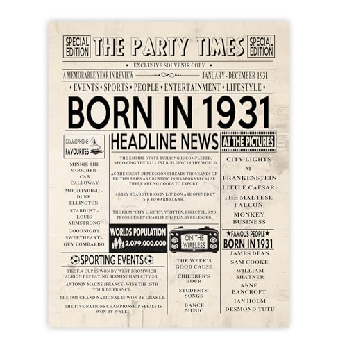 Stuff4 Poster de 94e anniversaire sans cadre – Journal Born In 1931 – Cadeau d'anniversaire pour homme et femme – Vintage rétro Back In 1931, 20,3 x 25,4 cm – Ninety-Four Ninety-Fourth Bday Décoration