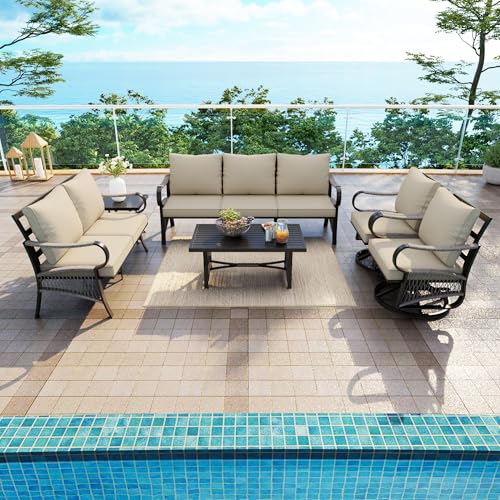 Image of 6 Pieces Patio Conversation Sets, All-Weather Metal Swivel Rocking Chairs with Rope Furniture Set, Outdoor Sofa Couch for Deck, Porch, Garden, Backyard, Poolside (Beige Cushions)