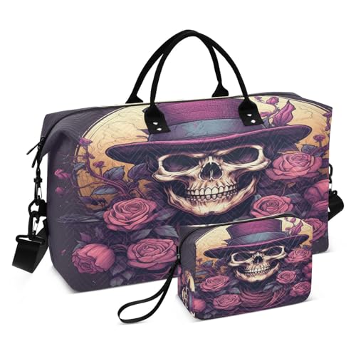 Skull Pattern Purple Rose Travel Duffel Bags Gym Bag Weekender Handbag with Toiletry Bag for Women Girls Men