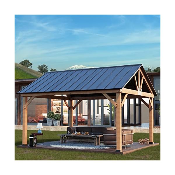 Joyside Wood Gazebo 13 x 15 ft. Wood Patio Gazebo - Spruce Framed Gazebo with Metal Steel Gable Roof Hardtop Gazebo for Patio, Garden, Lawns and Parties