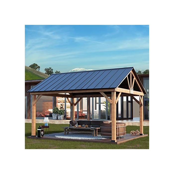 Joyside Wood Gazebo 13 x 15 ft. Wood Patio Gazebo - Spruce Framed Gazebo with Metal Steel Gable Roof Hardtop Gazebo for Patio, Garden, Lawns and Parties