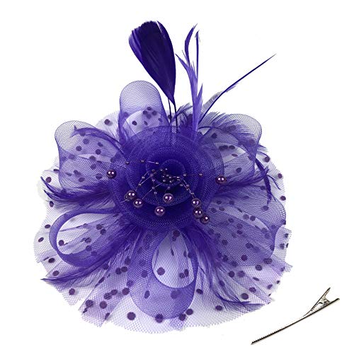 Image of DRESHOW Fascinators Hat Flower Mesh Ribbons Feathers on a Headband and a Clip Tea Party Headwear for Girls and Women