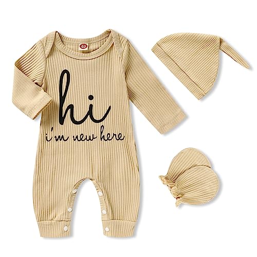 Image of GRNSHTS Newborn Baby Boy Romper Coming Home Outfits Letter Print Bodysuit Jumpsuit+Hat+Gloves 3PCS Clothes Set