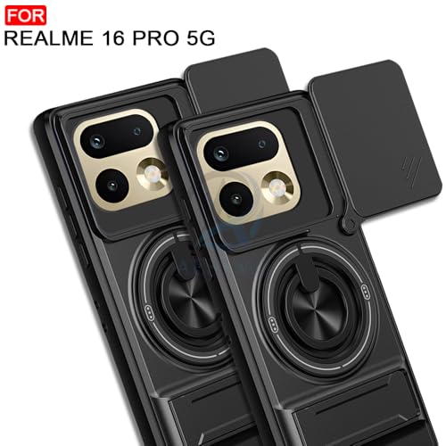Image of AESTMO Realme 16 Pro 5G Back Cover | Armor Camera Slider 360 Degree Rotating Finger Ring Holder Case with Bracket Stand Back Case Cover (Compatible with MagSafe Accessories) (Black)