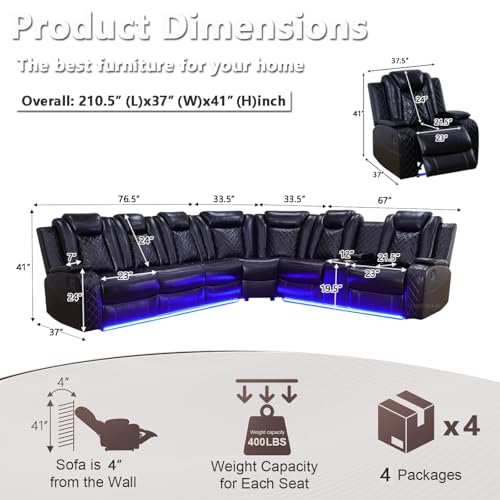 Image of Power Reclining Sectional Sofa Set with LED Light, Leather Sectional Couches, Living Room Furniture Sets, Modern Power Recliner Sofa Sets with 3 Recliner Seater, Couches for Living Room