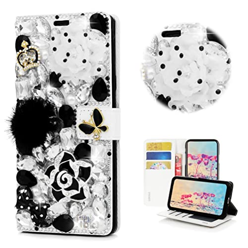 STENES Bling Wallet Phone Case Compatible with Google Pixel 8 Pro Case - Stylish - 3D Handmade Camellia Flowers Crown Bowknot Magnetic Wallet Stand Girls Women Leather Cover - Black&White