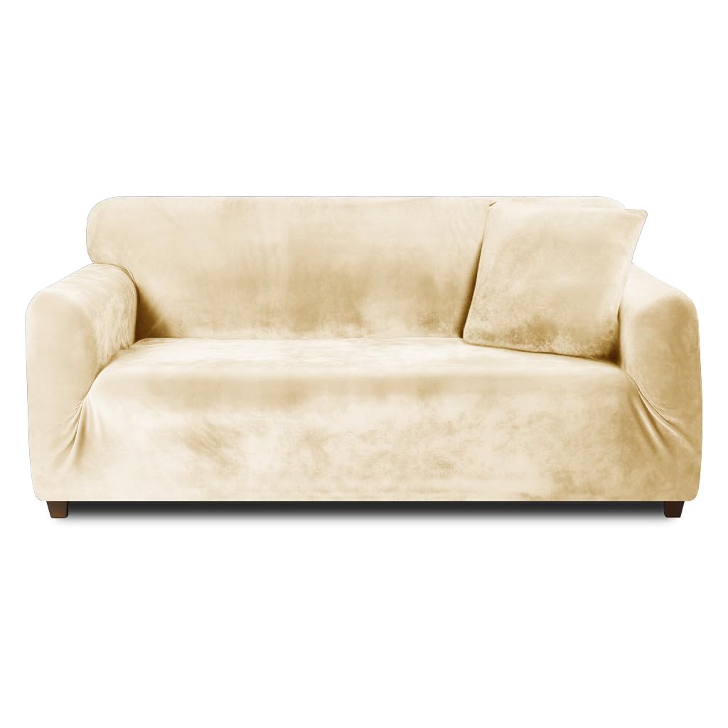 Teynewer Thick Velvet Sofa Covers 1 2 3 4 Seater High Stretch Non-Slip Couch Cover Elastic Furniture Protector Plush Sofa Slipcovers with 1 pillowcase for Living Room Dogs Cat Pet (1 Seater, Beige)