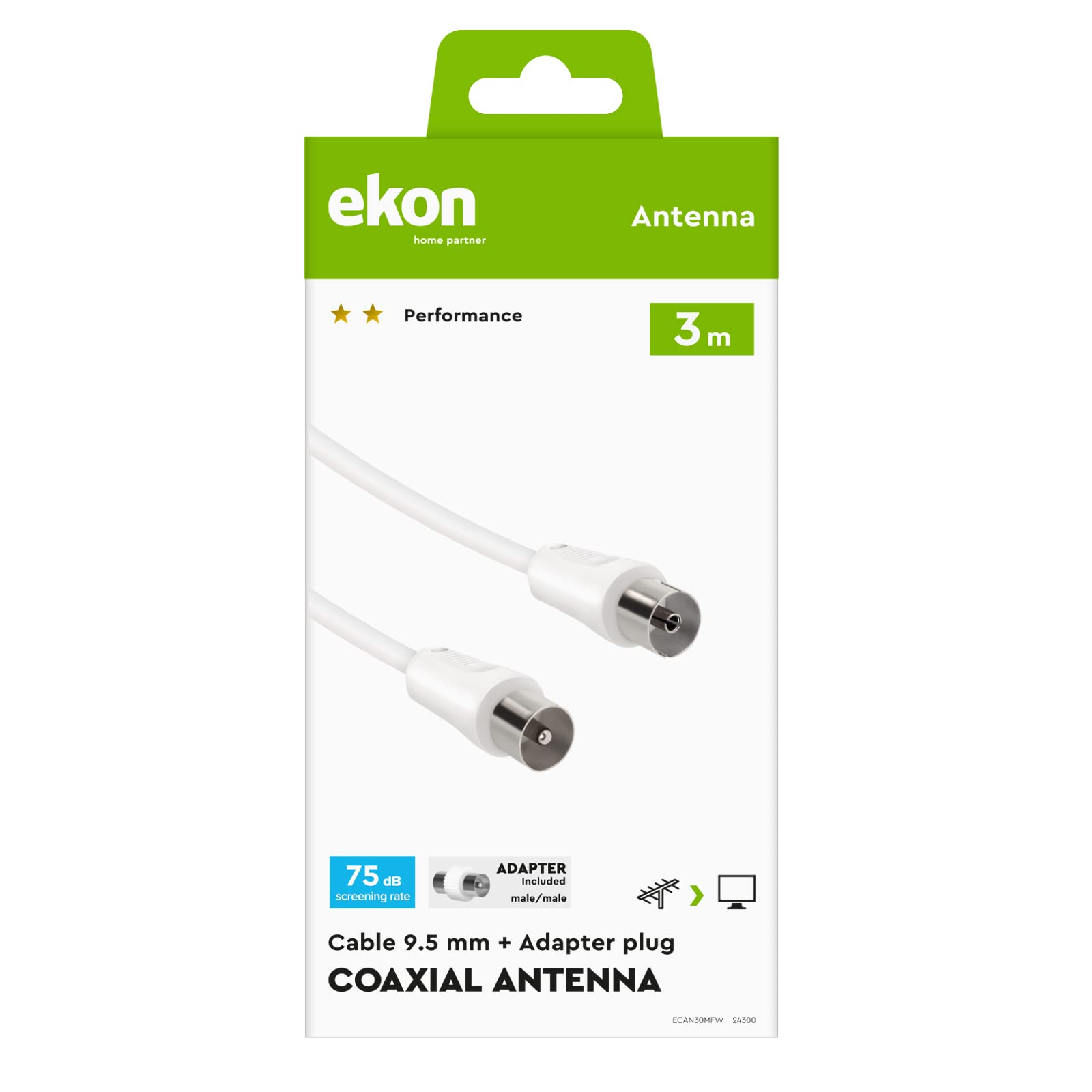 Ekon Câble D'antenne TV, Câble Antenne, Mâle Femelle, 1,8 Mètres, 90 DB, Adaptateur Inclus