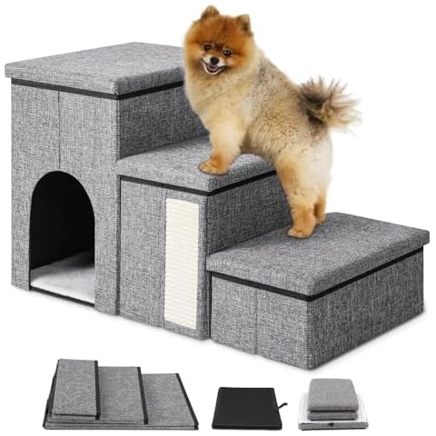 Dog Stairs, Flymer Dog Ramp for Bed and Couch with Storage and Condo, Foldable 3 Steps Pet Stairs for Small Dogs and Cats Cover