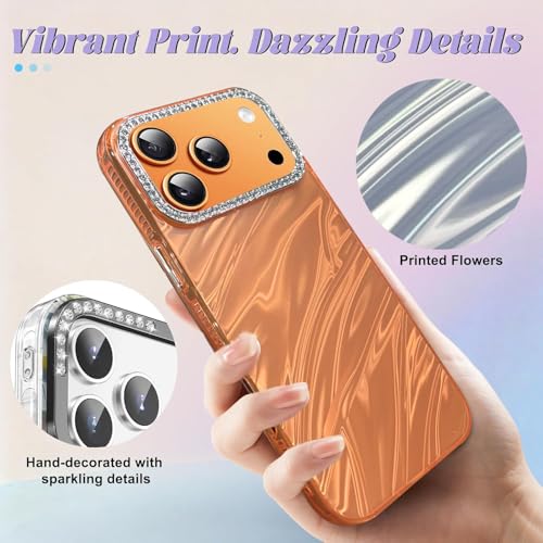 Image of DIZORO Compatible with iPhone 17 Pro Case | Marble Glossy Hard PC Back Cover with Diamond Camera Protector | Ultra Stylish Shockproof Back Cover Case for Girls Women-Orange