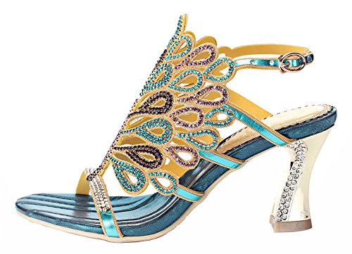 Honeystore Women's Rhinestone Peacock Patterned Handmade Sandals with Chunky Heel2
