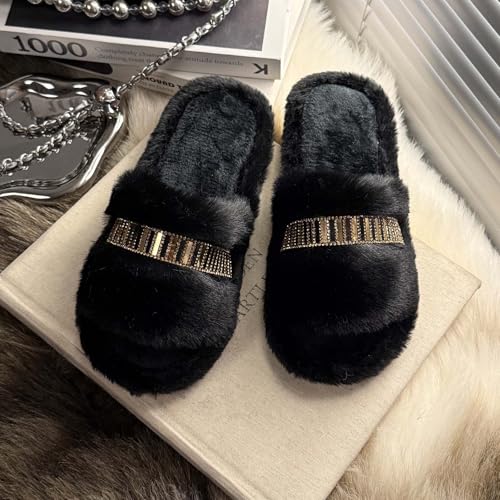 Women's Fluff Slippers Open Toe with Golden Chain Strap - Soft Fleece Lining, Non-Slip Rubber Sole, Stylish All-Season Indoor Shoes for Home & Office4