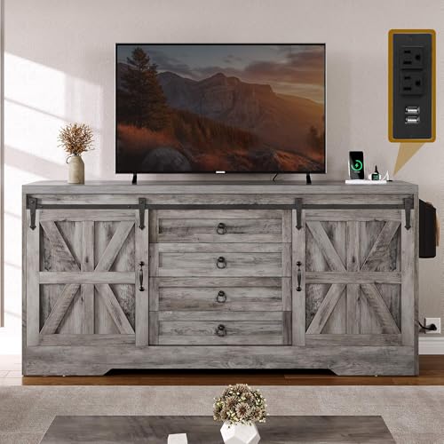 DWVO Farmhouse TV Stand for 65 Inch TV, Entertainment Center with 2 Barn Doors and 4 Drawers, Mid-Century Modern Media Console Table for Living Room/Bedroom, Grey