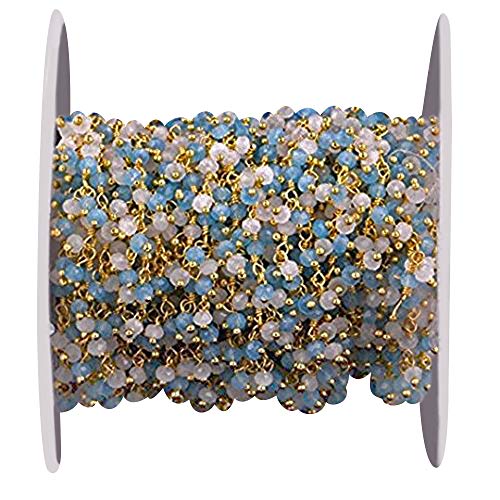 2.5mm to 3mm 24k Gold Plated Wire Wrapped Cluster Bead Rosary Chain. Choose Your Gemstone by GemMartUSA - White & Blue Chalcedony (GPWB-30020)
