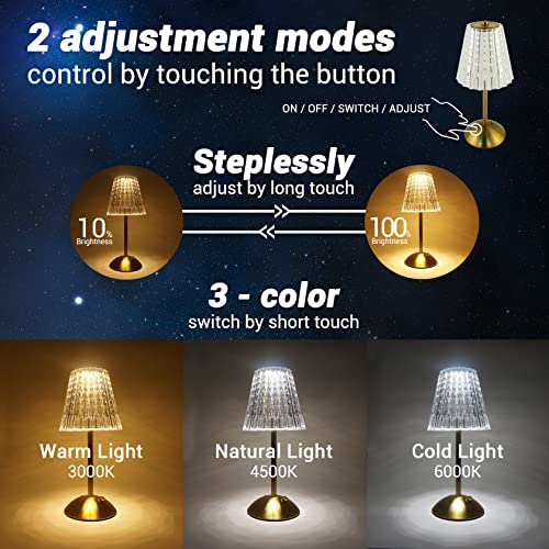 Amingulry Cordless Table Lamp, Rechargeable Battery Operated Lamp, 3 Way Modes & Stepless Dimmable Led Touch Lamp, Portable Crystal Gold Metal Beside Lamps For Bedroom Living Room Restaurant Outdoor #TOP4