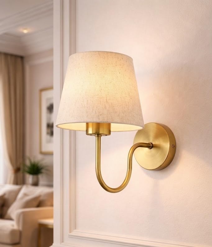 Image of Elegant Wall Lamp with Fabric Shade & Gold Metal | E-27 Holder Base and Bulb | Classic Indoor Wall Lamp for Bedroom, Living Room & Hallway(Without Bulb).