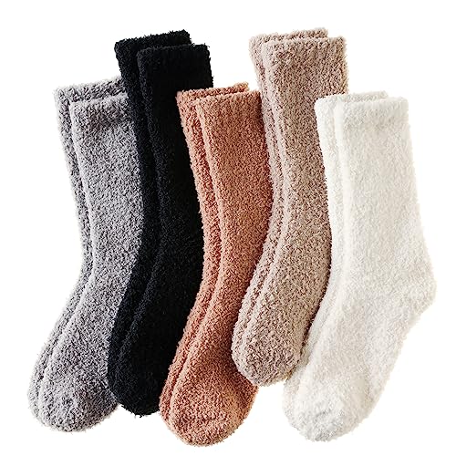 Image of Velice Womens Fuzzy Socks Soft Cozy Fluffy Slipper Winter Warm Plush Sleeping Christmas Socks 5 Pairs