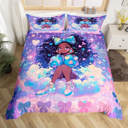 Cute Girl American Duvet Cover Twin for Kids Girls Teens,Watercolor Starry Sky 2 Pieces Duvet Cover,Cute Bowknots Princess Style Soft Comforter Cover (Not Comforter),Romantic Purple Quilt Cover