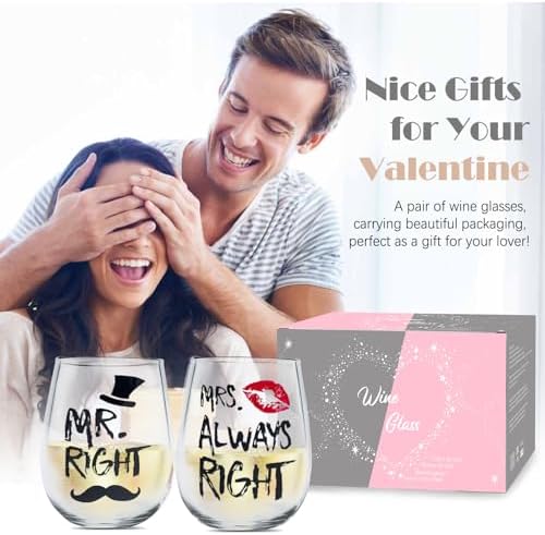 Couple Wine Glasses Set MR RIGHT and MRS ALWAYS RIGHT Crystal Stemless Wine Glass Gifts for Valentines Wedding Engagement Anniversary for His Hers Husband Wife Boyfriend Girlfriend Lovers LEAD FREE 4
