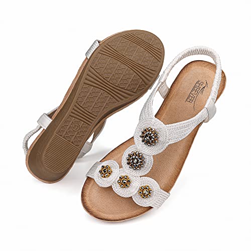 Shibever Wedge Sandals For Women Elastic Ankle Strap Low Wedge Sandals Open Toe Dress Platform Shoes Dressy Summer White 9 #TOP5