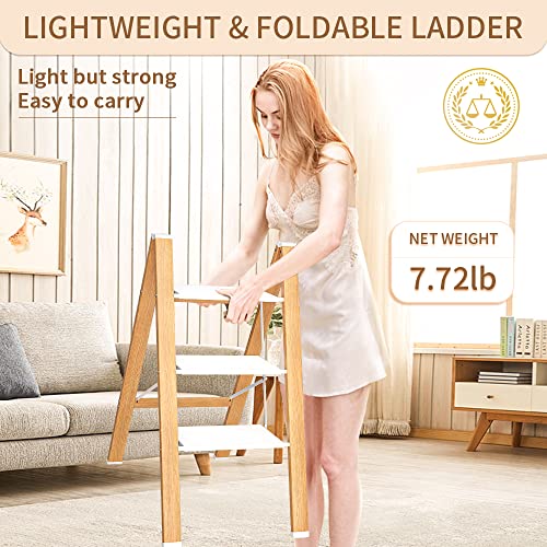 3 Step Stool Aluminum Lightweight Folding Step Stool Wide Anti-Slip Pedal 330 Lbs Capacity Home Kitchen Office Portable Woodgrain Stepladder #TOP3