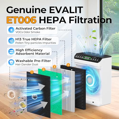 Image of Genuine ET066 Air Purifier Replacement Filter for ET066 Air Purifier, Washable HEPA 3-Stage Filtration for Pollen Smoke Pet Hair Dust, Pet Dander Version, 2 Pack