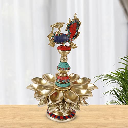 Kartique Brass Diyas for Puja : Peacock Oil Lamp Diya with Table Stand for Decoration in Home Temple Mandir Multicolor Stone Work Height 12.5 Inch