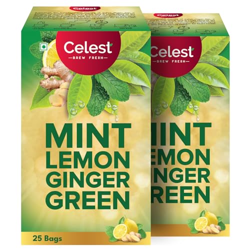 Image of Celest Green Tea | Green Tea for Weight Loss | Ginger, Mint & Lemon | 50 Teabags (25 Tea Bags - Pack of 2)