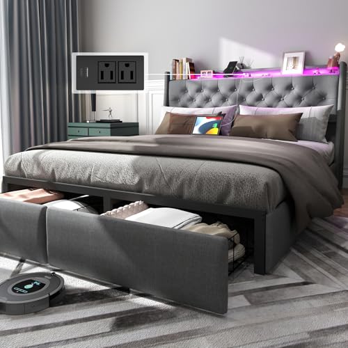 Queen Size Bed Frame with Charging Station and Headboard,...