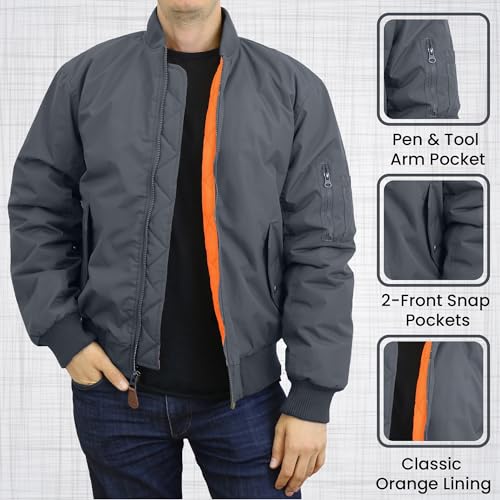 Galaxy by Harvic Men's Heavyweight MA-1 Bomber Flight Jacket - Classic Orange Lining, Water-Resistant, Ribbed Collar & Cuffs2