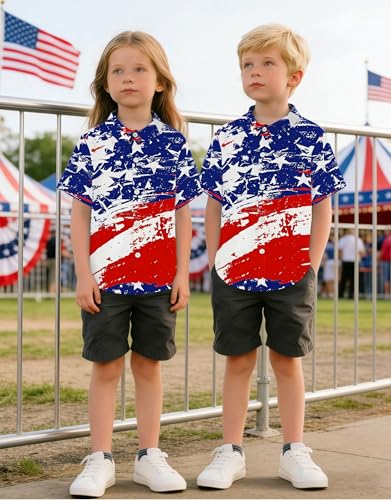 Image of 4th of July Shirts for Girls Boys American Patriotic Tshirt Kids Hawaiian Button Down Tops
