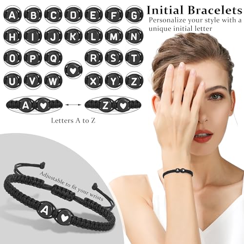 Initial Letter Bracelet for Women Men, Alphabet Handmade Black Adjustable Braid Rope Heart Bracelet, Jewelry Gifts for Daughter Mother's Day Mom Sister3