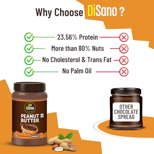 Image of DiSano Chocolate Peanut Butter Crunchy, 924g, 23g Protein, Roasted Peanuts and Rich Cocoa, Zero Cholesterol & Trans Fat, Ideal for Pre & Post-Workout, Healthy Spread for Breakfast & Snacking