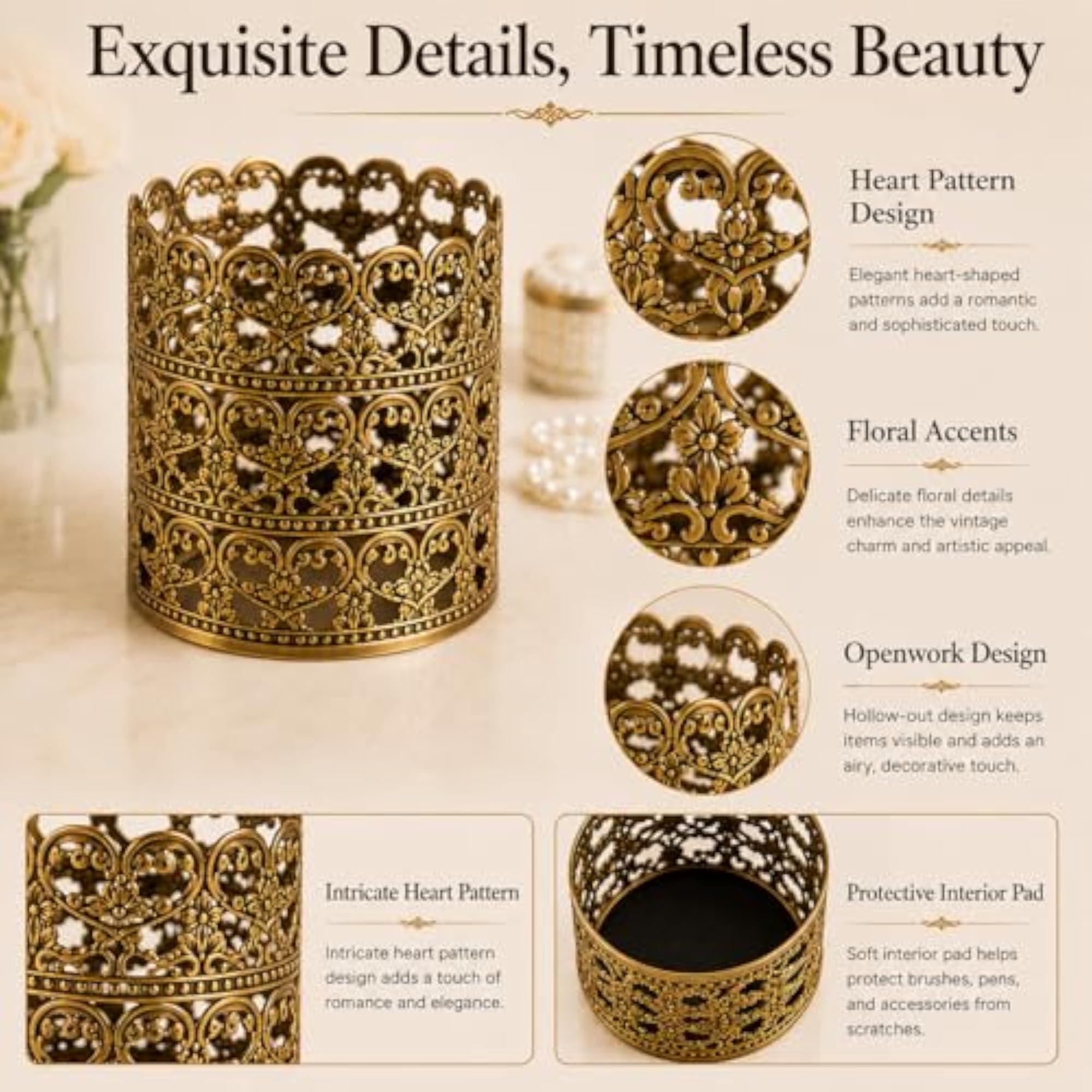 Heart Patterned Vintage Hairbrush Holder Makeup Vanity Organizer