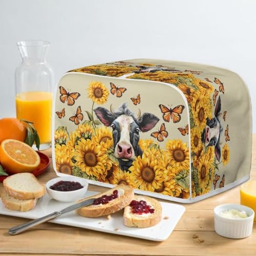 Image of Talayituse Cow Sunflower Butterfly Print 2 Slice Toaster Covers Dust Protection Bread Maker Covers Toaster Oven Cloth Cover Kitchen Accessories Washable Appliance Cover