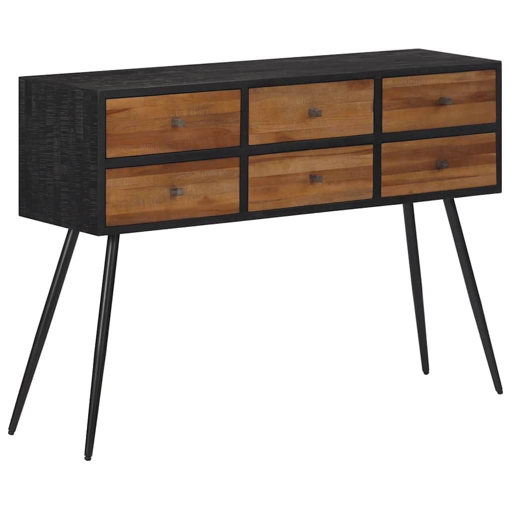 Tavolo consolle con cassetti in legno massiccio di teak riciclato e struttura in ferro nero, 116 x 30 x 76 cm, versatile tavolino da corridoio e soggiorno, con spazio per decorazione e