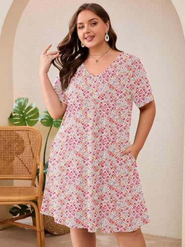 Image of AusLook Plus Size Midi Dress for Women Loose V Neck Short Sleeve Summer Casual A Line T Shirt Sundresses with Pockets 1X-5X